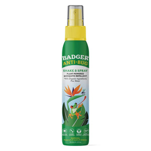 Badger Camping Bug Spray with organic, Deet-free mosquito repellent in a spray bottle, suitable for outdoor use.