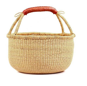Dye-free African basket tote from Bolga, Ghana, woven with natural fibers by The African Home Goods, showcasing traditional craftsmanship.