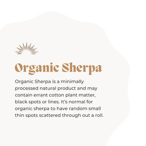 Text on beige background with "Organic Sherpa" in bold brown font and description below.