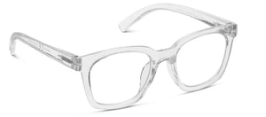 Peepers To the Max reading eyeglasses with clear lenses and black frames, close-up view of stylish optical eyewear.