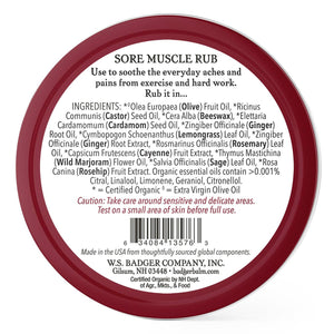 Badger Sore Muscle Rub jar with label, soothing warm balm for muscles and joints, natural ingredients, in a white container.
