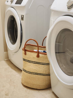 BAG/TOTE-White Mifuko Kiondo Kenya Bag with Navy stripes Premium brown Leather Rim and Straps. - Pleasant Beach Living