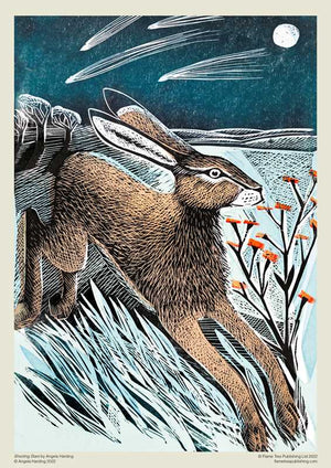 Hare leaping through blue grass, under a starry sky with a full moon and white shooting stars.