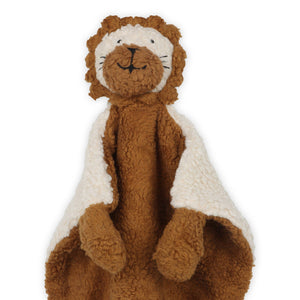 Brown plush lion blanket with a smiling face and beige trim, resembling a cuddly toy.