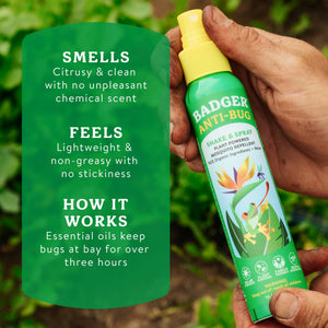 Organic Badger Camping Bug Spray with natural mosquito repellent, Deet-free, in a spray bottle for outdoor use.