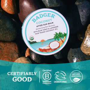 Badger Coconut After Sun Balm jar with soothing ingredients for sunburn relief and skin hydration.