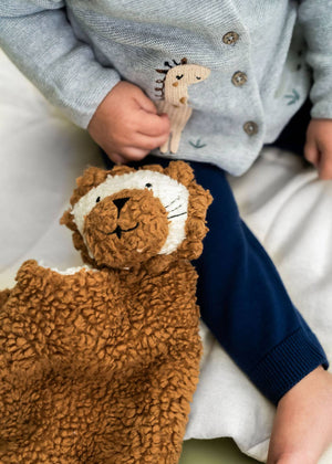 Child in blue sweater holds brown lion plush toy with curly texture.