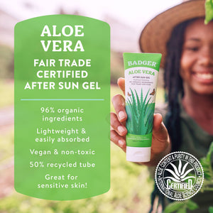 Badger Aloe Vera Gel for face and body, featuring soothing aloe vera for sunburn relief and skin hydration.