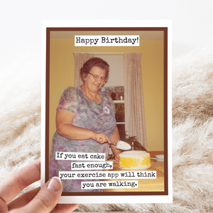 Vintage funny birthday greeting card from Raven's Rest Studio featuring cake and humorous message about eating cake quickly.