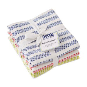 Set of three kitchen towels by RSVP International featuring colorful striped patterns on soft cotton fabric.