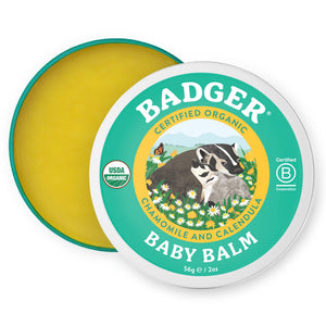 Badger Baby Balm for soothing diaper rash, cradle cap, and dry skin, shown in a jar with natural ingredients and gentle application.