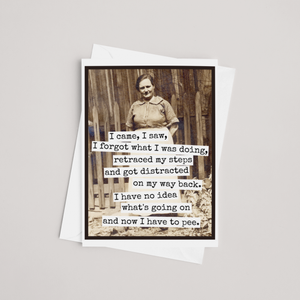 Funny greeting card from Raven's Rest Studio with humorous text: "I Came, I Saw, I Forgot What I Was Doing."