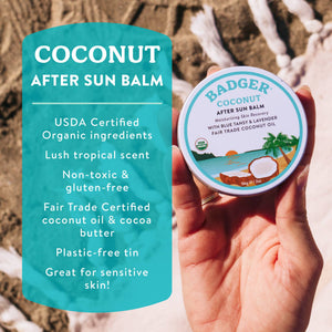 Badger Coconut After Sun Balm with soothing ingredients, shown in a tub ideal for sunburn relief and skin hydration.