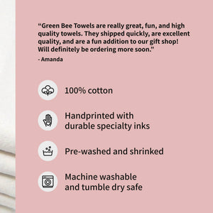 Green Bee Love kitchen towel featuring a charming tea towel design, perfect for kitchen use and decoration.