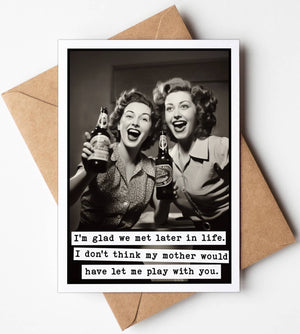 Funny greeting card by Katie Doodle featuring the message "I don't think my mother would let us play" with colorful illustrations.