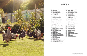 Open book titled "Backyard Chicken Keeper's Bible" by Abrams, featuring pages with chicken care tips and illustrated diagrams.