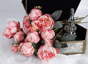 Silk floral bouquet of 12-inch spring peony stems with 7 stems, from Sweet Home Deco, featuring vibrant pink peony flowers.
