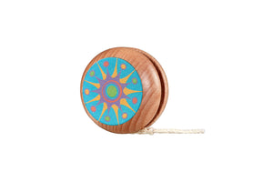 Wooden retro classic yo-yo toy by Toysmith with red and white design, showing the yo-yo extended in mid-spin.