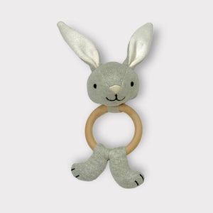 BABY- Bunny - Baby Teething Ring Rattle Toy (Organic Cotton /Wood) - Pleasant Beach Living