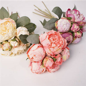 Silk peony floral bouquet with 7 stems, 12-inch height, featuring spring-inspired pink silk flowers by Sweet Home Deco.