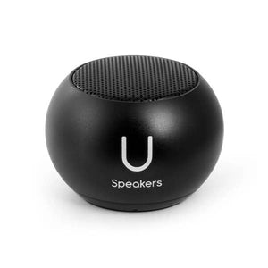 Mini black FashionIt portable Bluetooth speaker with compact design and built-in controls on the top for easy use.