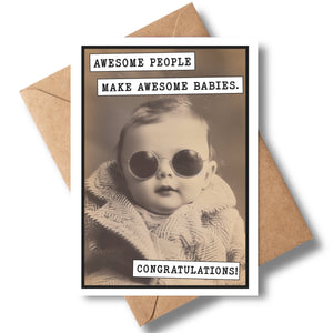 Greeting card by Katie Doodle featuring playful text "Awesome People Make Awesome Babies" with colorful illustrations.