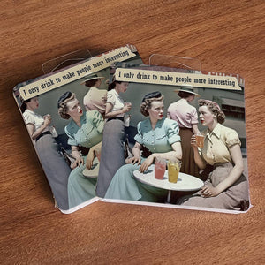 Set of five Tipsy Coasters & Gifts paper coasters with humorous "Only Drink To Make People More Interesting" design, 6-pack.
