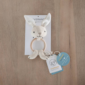 BABY- Bunny - Baby Teething Ring Rattle Toy (Organic Cotton /Wood) - Pleasant Beach Living