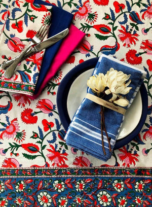 Tablecloth- FRENCH DESIGN- 85 Rnd Chamoli Flower Org/Blue - Pleasant Beach Living