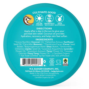 Badger Coconut After Sun Balm with soothing ingredients, designed for sunburn relief and skin hydration.