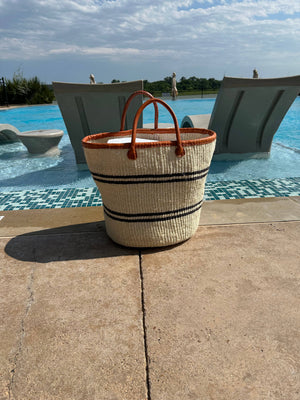 BAG/TOTE-White Mifuko Kiondo Kenya Bag with Navy stripes Premium brown Leather Rim and Straps. - Pleasant Beach Living