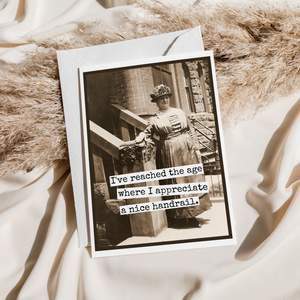 Raven's Rest Studio greeting card featuring a handwritten message that says "I Appreciate A Nice Handrail" with decorative elements.