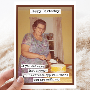 Funny birthday greeting card by Raven's Rest Studio featuring vintage design and humorous message about eating cake quickly.