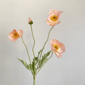 Colorful 22-inch silk poppy spray with flocked floral stem, featuring vibrant, realistic silk flowers for decorative arrangements.