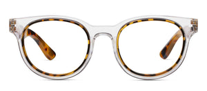 Peepers Olympia reading glasses with clear lenses and black frames, close-up view of stylish eyewear for reading and vision correction.