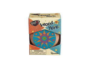 Wooden yo-yo toy from Toysmith, featuring a retro classic design, shown in a close-up image with vibrant colors and smooth finish.