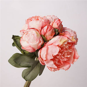 Silk peony floral bouquet with 7 stems, 12-inch tall, in spring colors, from Sweet Home Deco, featuring realistic silk flower details.