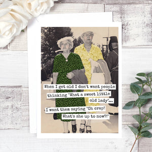 Raven's Rest Studio greeting card featuring humorous text about aging, with playful handwritten-style font and decorative design.