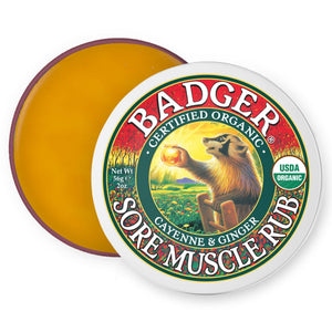 Badger Sore Muscle Rub jar showing soothing balm with herbal ingredients for muscle and joint relief.