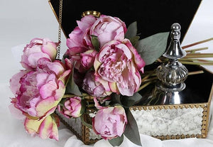 Silk peony floral bouquet with 7 stems, 12-inch height, by Sweet Home Deco, featuring vibrant spring peonies for home decor.