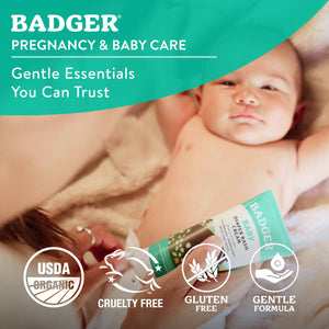 Baby bath diaper cream by Badger with zinc oxide, organic and gentle for sensitive skin in a tub of cream.