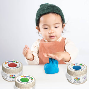 Colorful eco-dough toys in natural, non-toxic 4-pack by elseware unplug eco-kids, showing vibrant multi-colored dough in various shapes.
