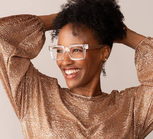 Peepers Spotlight reading glasses with clear frames and stylish design, shown on a white background.