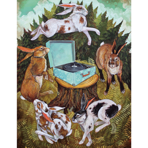 Rabbits dance around a turquoise record player on a tree stump, set in a lush forest scene.
