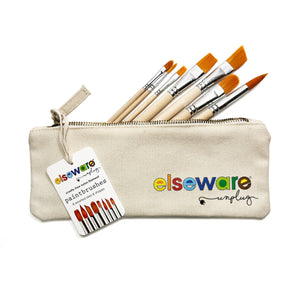 Set of 8 assorted art paintbrushes in a canvas bag from elseware unplug eco-kids, ideal for kids’ arts and crafts projects.