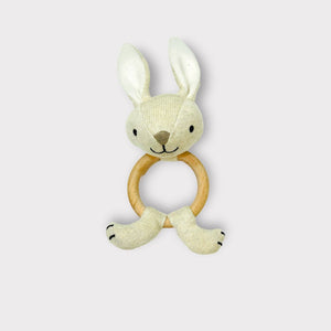 BABY- Bunny - Baby Teething Ring Rattle Toy (Organic Cotton /Wood) - Pleasant Beach Living