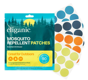 Cliganic mosquito repellent patches in a 90-count pack, designed to keep insects away, shown in a close-up image.