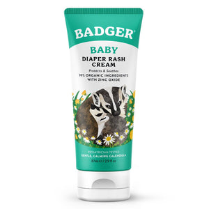 Badger Baby Bath Diaper Cream with Zinc Oxide in a tub, showing the organic, gentle formula for sensitive skin.