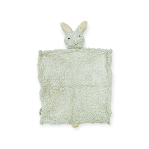 Soft, light gray plush blanket with a bunny head and ears at the top, textured with curly fabric.