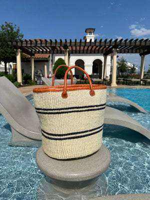 BAG/TOTE-White Mifuko Kiondo Kenya Bag with Navy stripes Premium brown Leather Rim and Straps. - Pleasant Beach Living